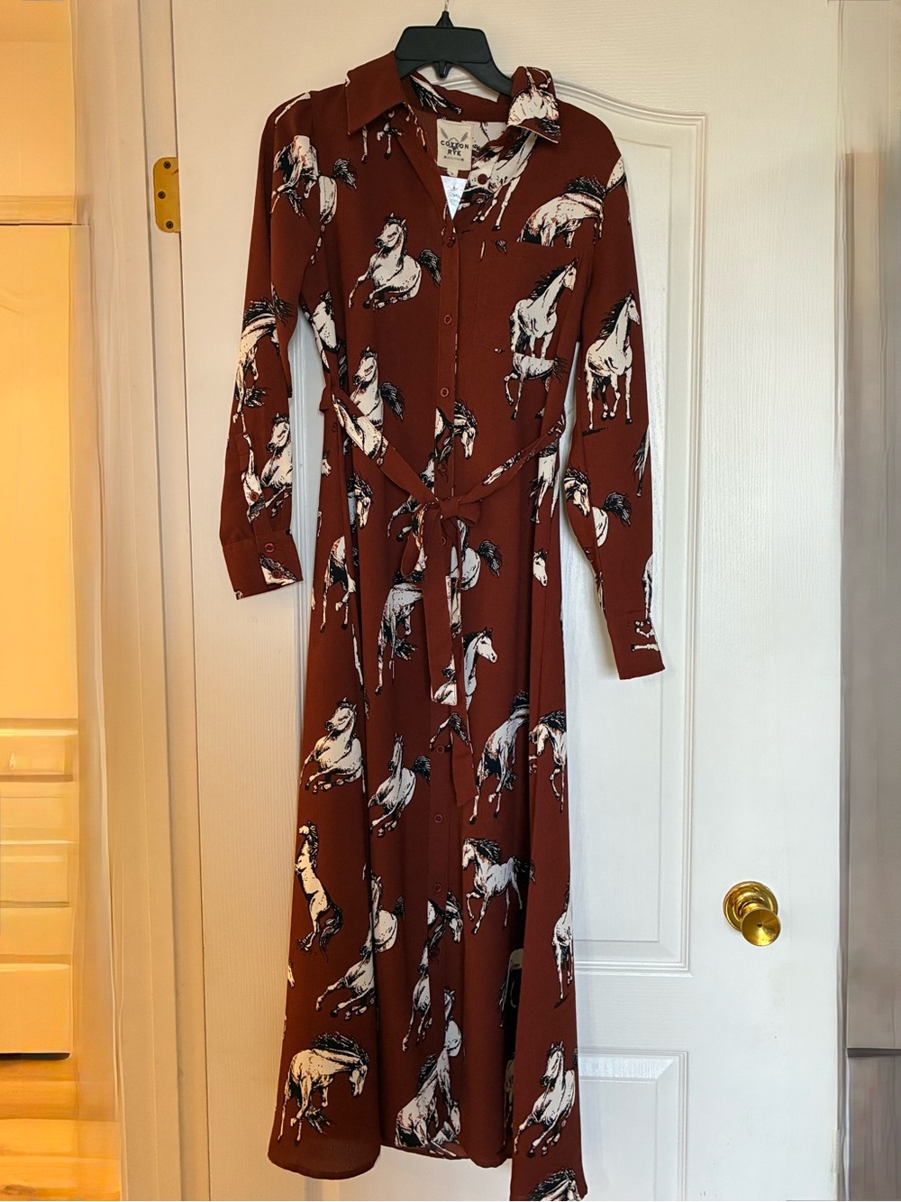 Cotton & Rye Brown Maxi Dress Horse Mustang Print Small New